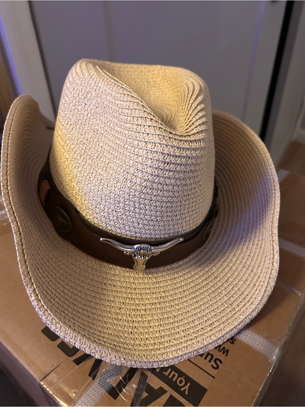 New women cowboy paper hat 👒 beige leather strap one size